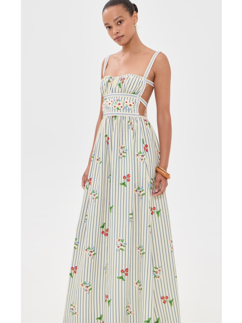 Agua Bendita Cream Striped Floral Maxi Dress with Side Cutouts